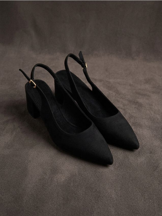 Sinsay - Lodičky na podpatku s koženou stélkou z imitace semiše - černá