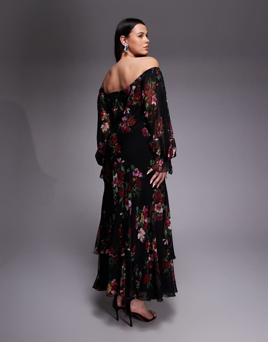 ASOS Curve ASOS DESIGN Curve bardot ruffle maxi dress with tiered godets and blouson sleeves in floral print-Multi