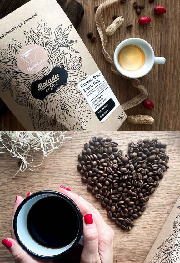 káva v balení na stole, žena držící šálek kávy, zrnka kávy ve tvaru srdce