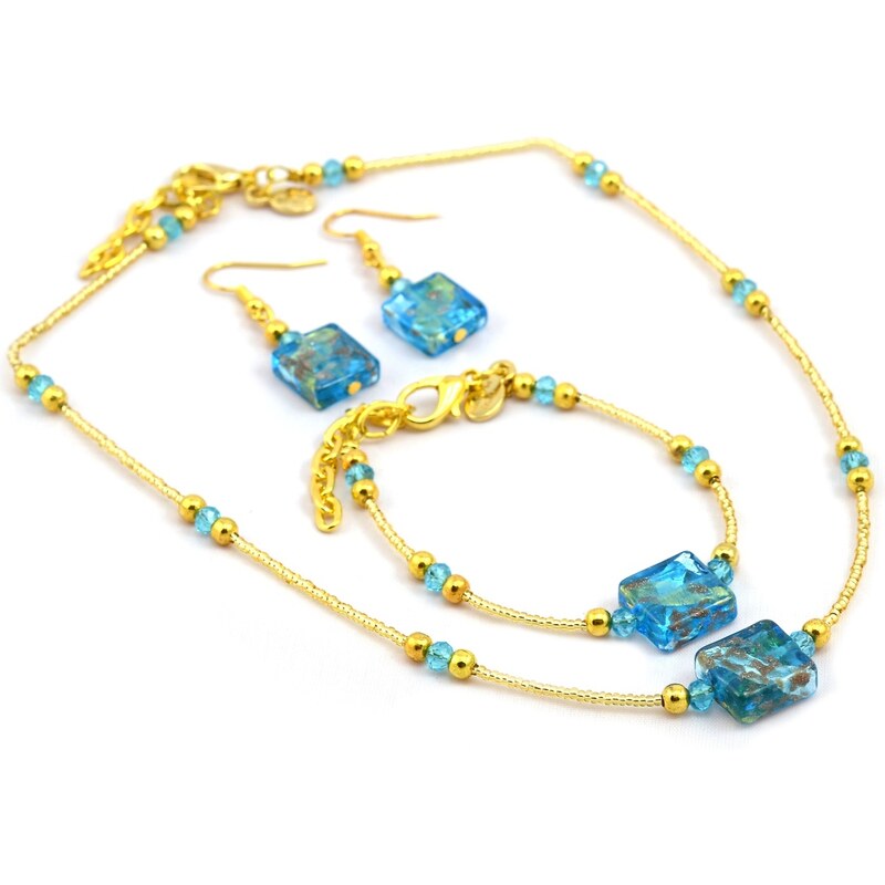 Sada náhrdelník, náramek, náušnice skleněné korále - zlatá, modrá - Murano