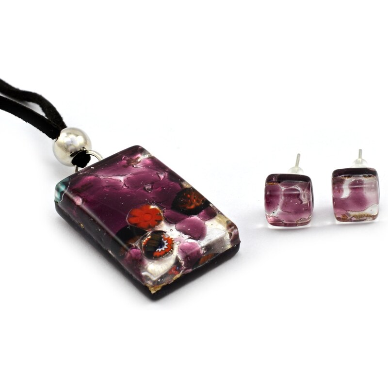 Murano Sada náhrdelník a náušnice - skleněný šperk - fialová, stříbrná - Lisa