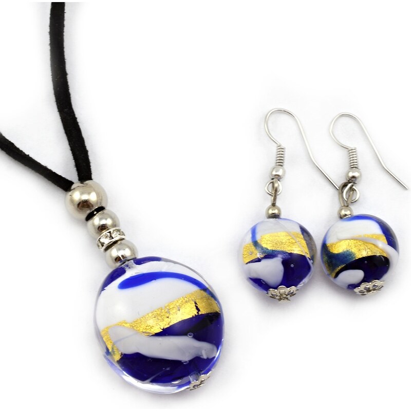 Murano Sada náhrdelník a náušnice - skleněná perla - modrá, zlatá, bílá