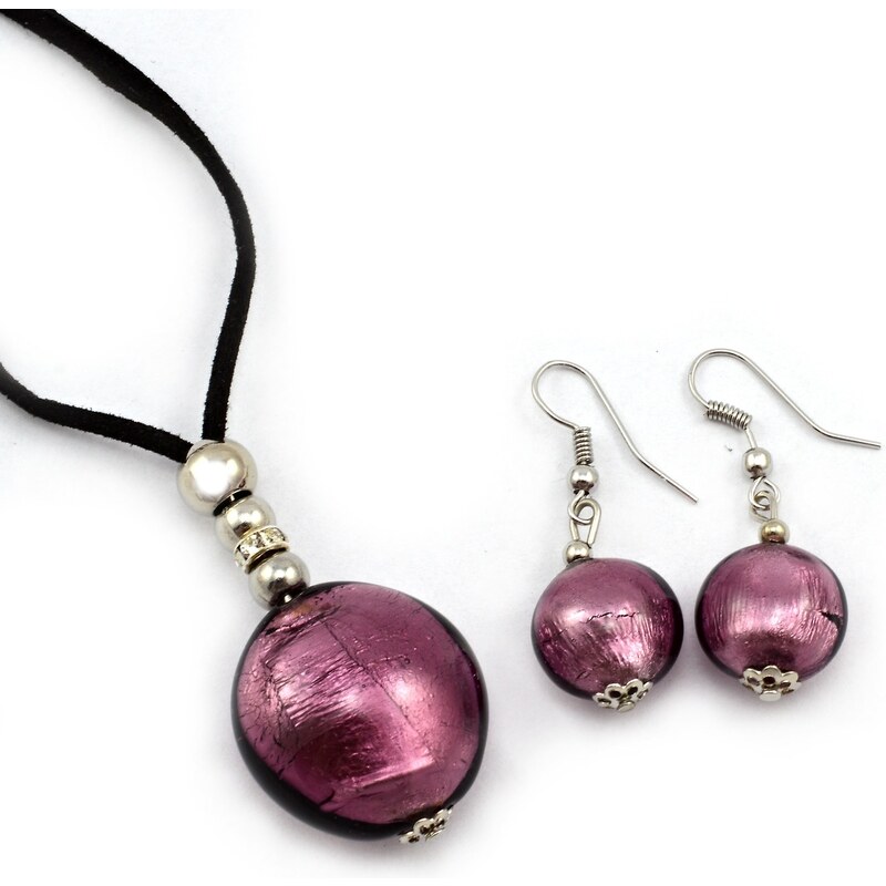Murano Sada náhrdelník a náušnice - skleněná perla - fialová