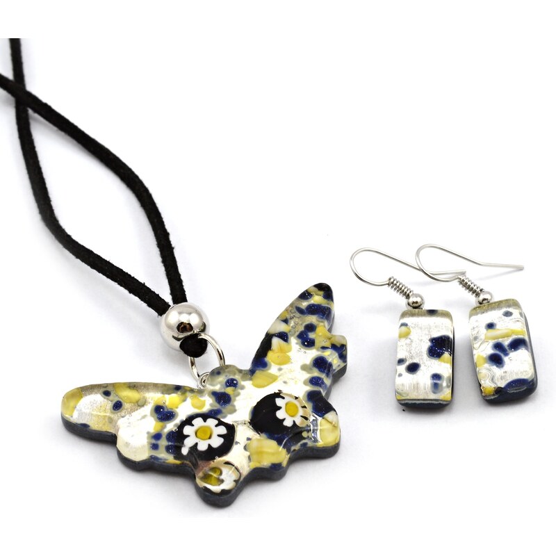 Murano Sada náhrdelník a náušnice - skleněný šperk - modrá, stříbrná - Motýl