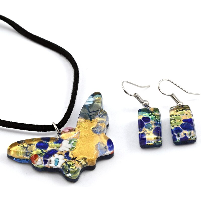 Murano Sada náhrdelník a náušnice - skleněný šperk - zlatá, modrá - Motýl