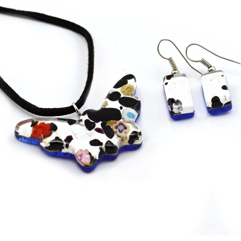 Murano Sada náhrdelník a náušnice - skleněný šperk - stříbrná, černá - Motýl