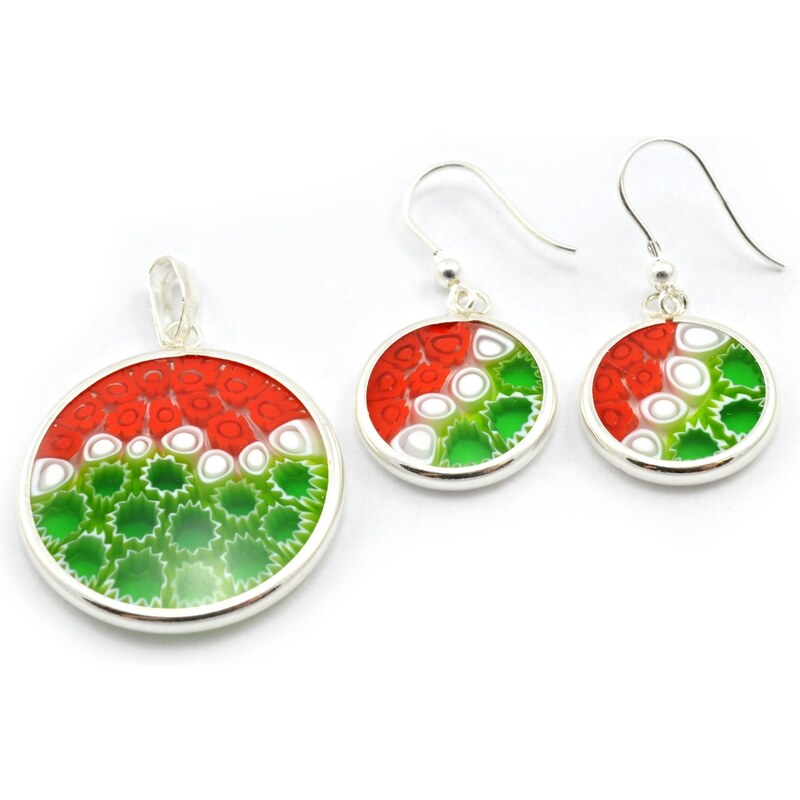 Murano Sada přívěšek medailon a náušnice stříbro 925 - zelená, červená, bílá - millefiori 23