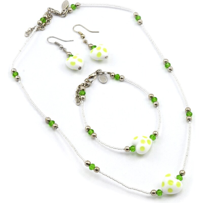 Sada náhrdelník, náramek, náušnice skleněné korále- bílá, zelená - Murano