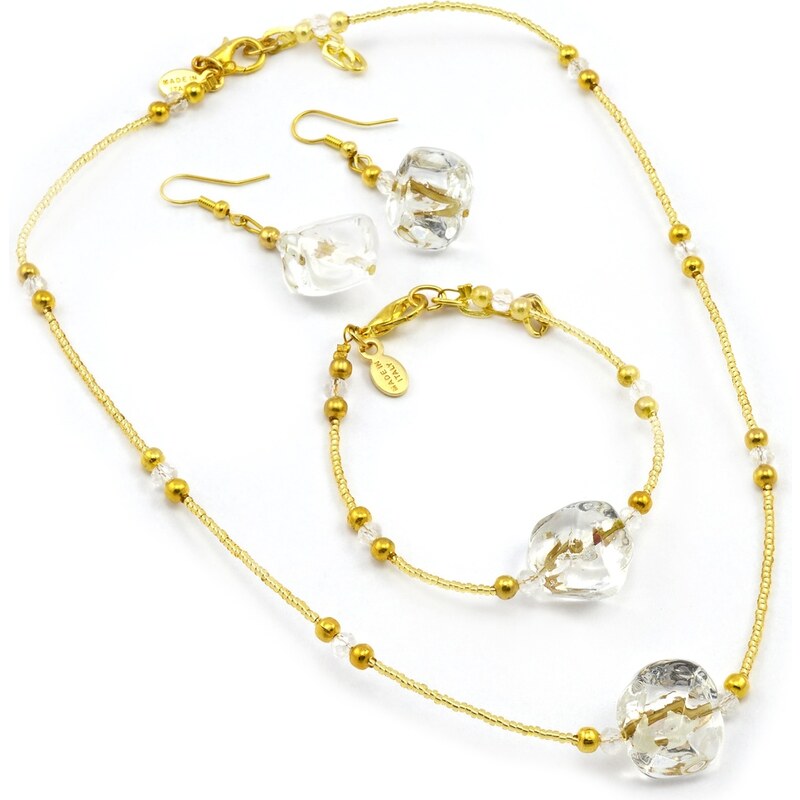 Sada náhrdelník, náramek, náušnice skleněné korále- bílá krystal, zlatá - Murano