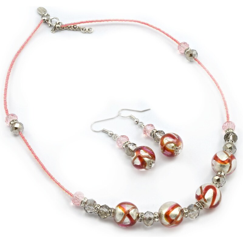 Sada náhrdelník, náušnice skleněné korále - růžová - Murano