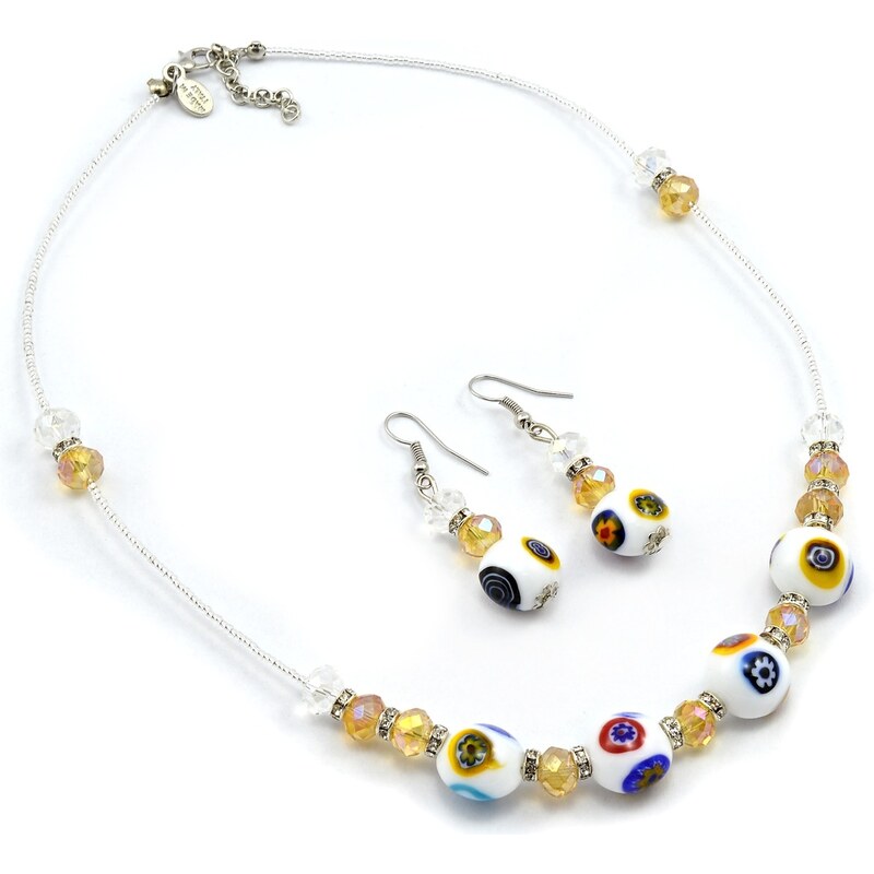 Sada náhrdelník, náušnice skleněné korále - bílá - Murano