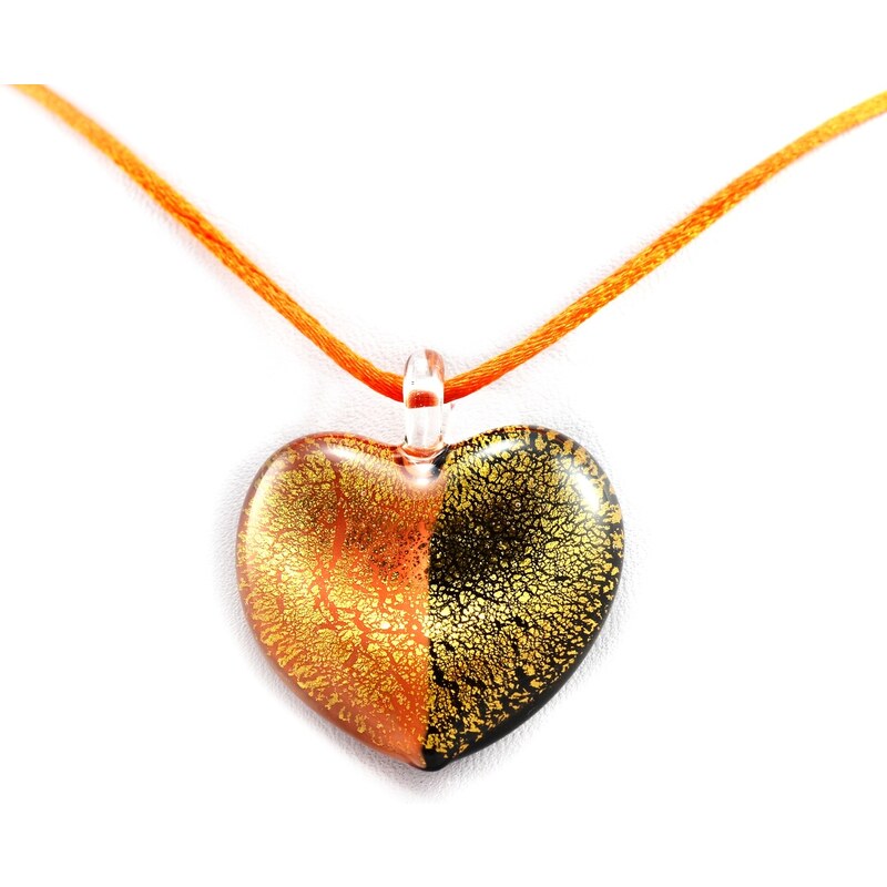 Murano Náhrdelník skleněné srdce - kombinace barev - oranžová, černá, zlatá - Passione