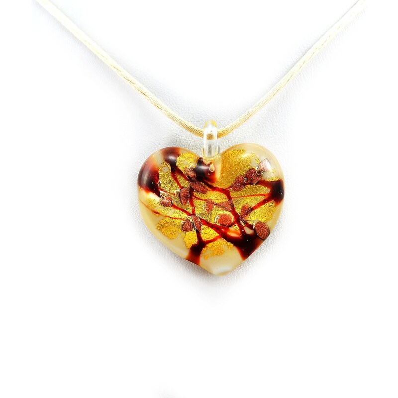 Murano Náhrdelník skleněné srdce - kombinace barev - zlatá - Passione 2