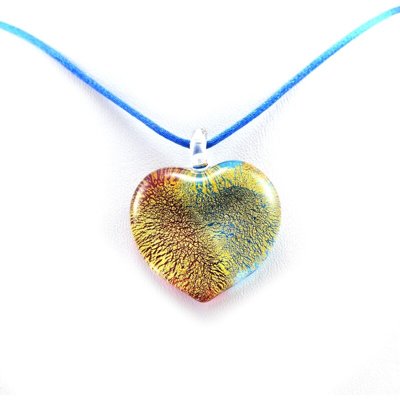 Murano Náhrdelník skleněné srdce - kombinace barev - modrá fialová, zlatá - Passione 2