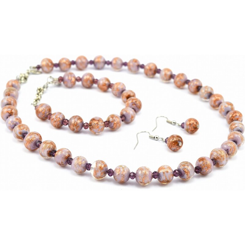Murano Sada náhrdelník, náramek, náušnice skleněné korálky - světle fialová - Sommerso