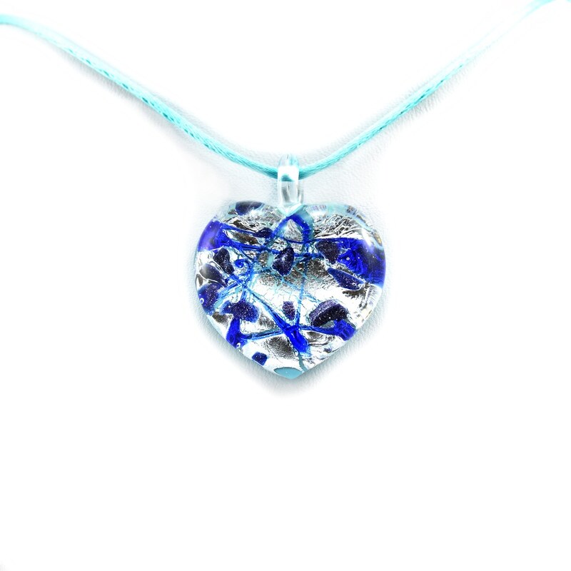Murano Náhrdelník skleněné srdce - kombinace barev - modrá, stříbrná - Passione 2