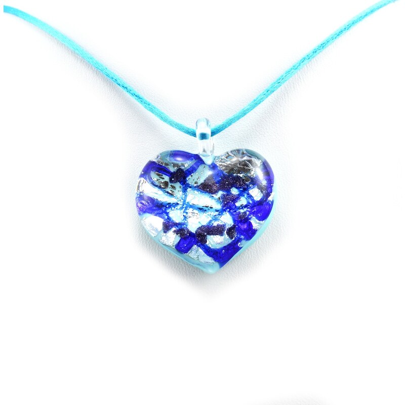 Murano Náhrdelník skleněné srdce - kombinace barev - stříbrné, modré - Passione
