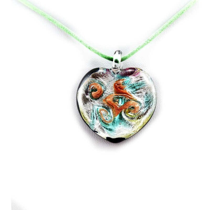 Murano Náhrdelník skleněné srdce - kombinace barev - stříbrná - Passione