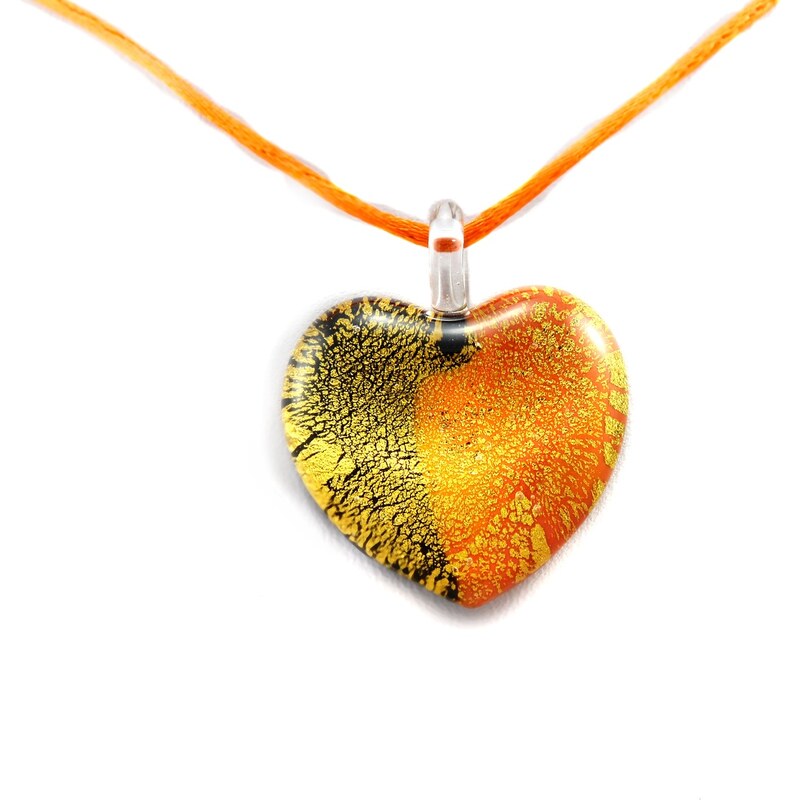 Murano Náhrdelník skleněné srdce - kombinace barev - zlatá, oranžová, černá - Passione