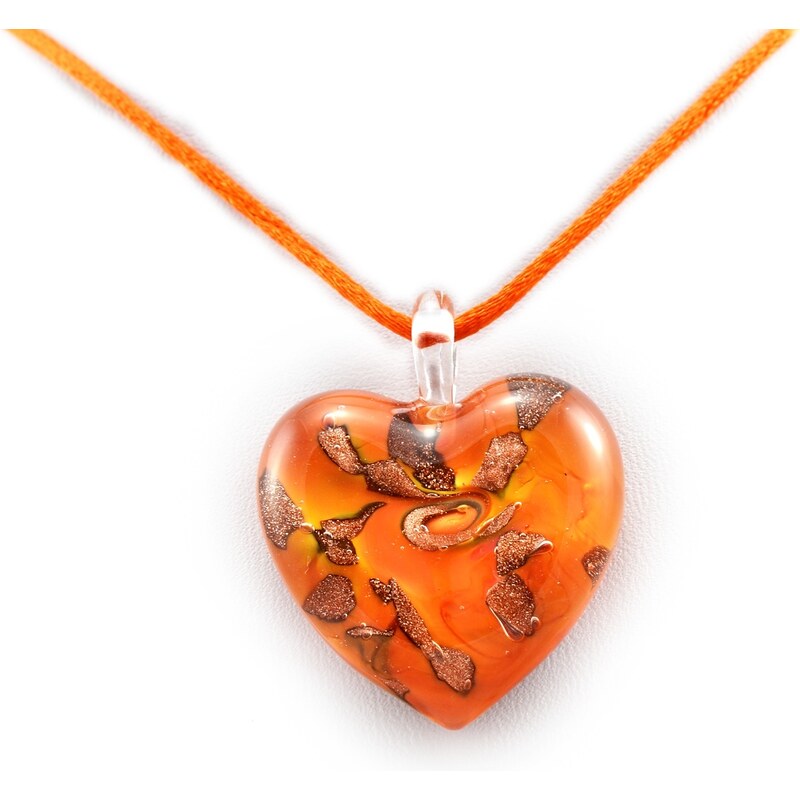 Murano Náhrdelník skleněné srdce - oranžová - Passione
