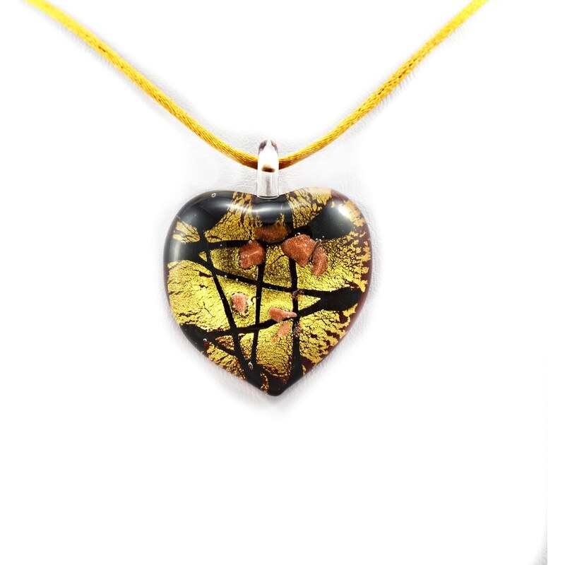 Murano Náhrdelník skleněné srdce - kombinace barev - zlatá - Passione