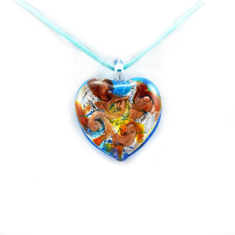 Murano Náhrdelník skleněné srdce - kombinace barev - modrá - Passione