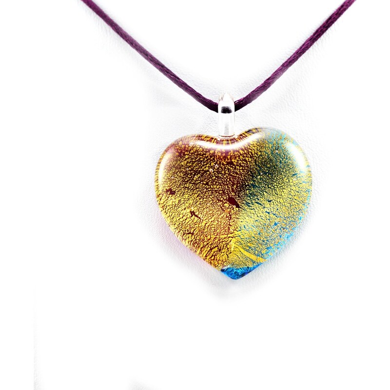 Murano Náhrdelník skleněné srdce - kombinace barev - fialová, modrá, zlatá - Passione