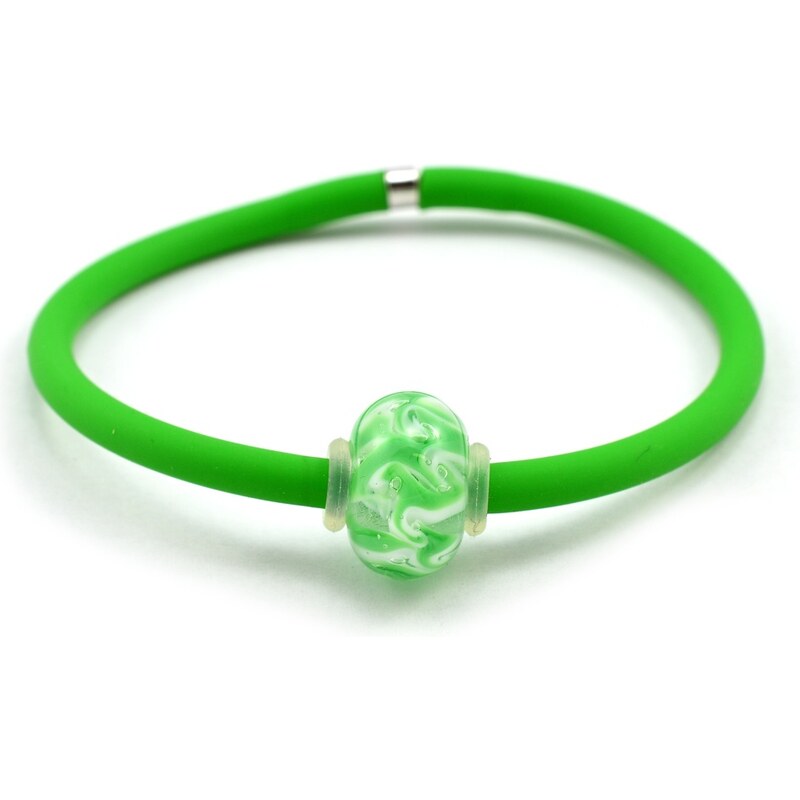 Murano Náramek s italskou vinutou perlou Dora - zelená, bílá - benátské sklo