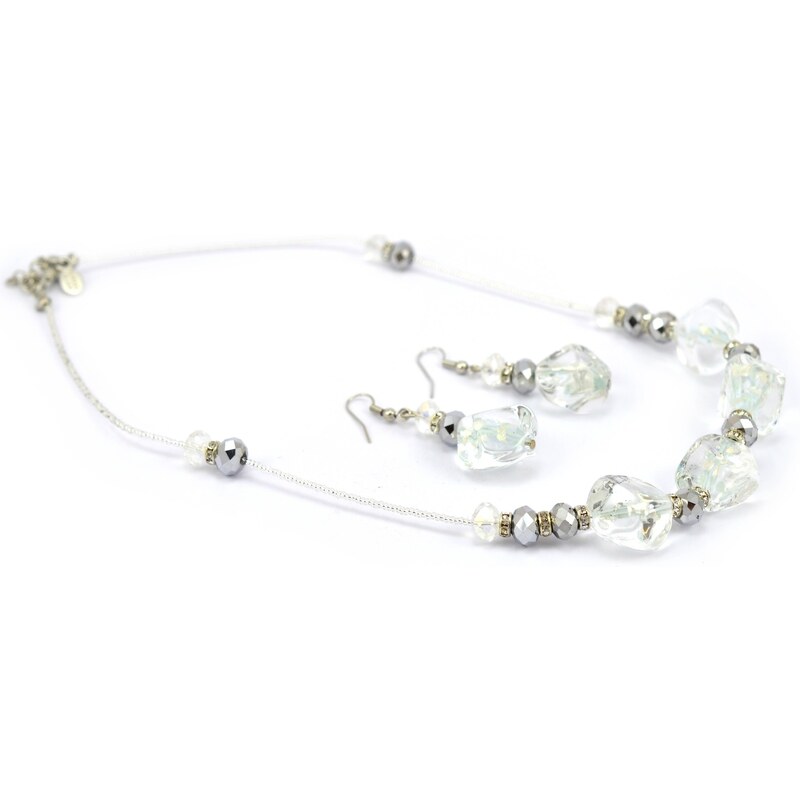 Sada náhrdelník, náušnice skleněné korále - bílá, krystal, stříbrná - Murano