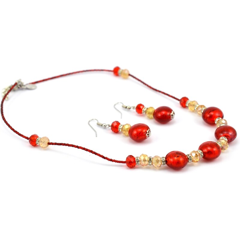 Sada náhrdelník, náušnice skleněné korále - červená - Murano 3