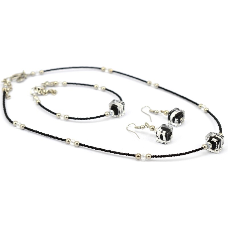 Sada náhrdelník, náramek, náušnice skleněné korále- černá, stříbrná - Murano