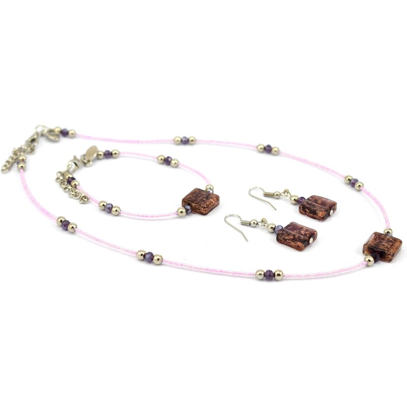 Sada náhrdelník, náramek, náušnice skleněné korále - růžová, bronzová, fialová - Murano