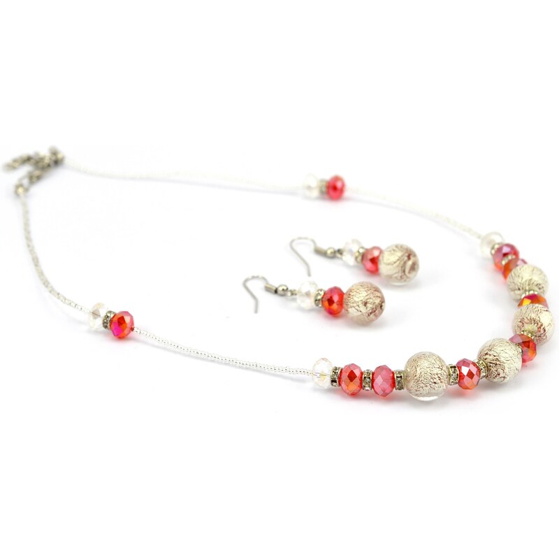 Sada náhrdelník, náušnice skleněné korále - růžová, stříbrná - Murano