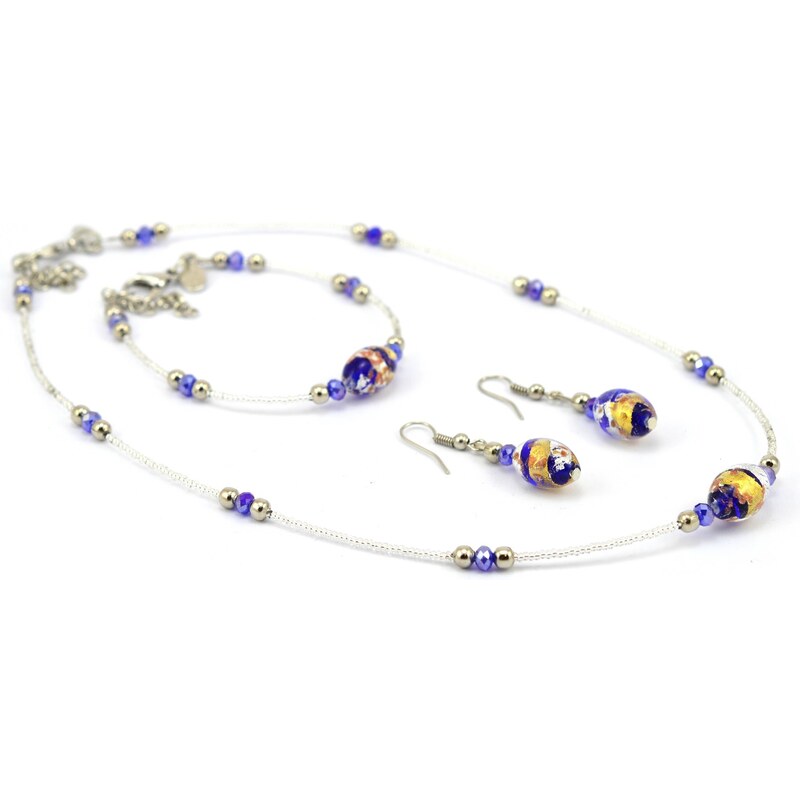 Sada náhrdelník, náramek, náušnice skleněné korále - modrá, stříbrná, zlatá - Murano