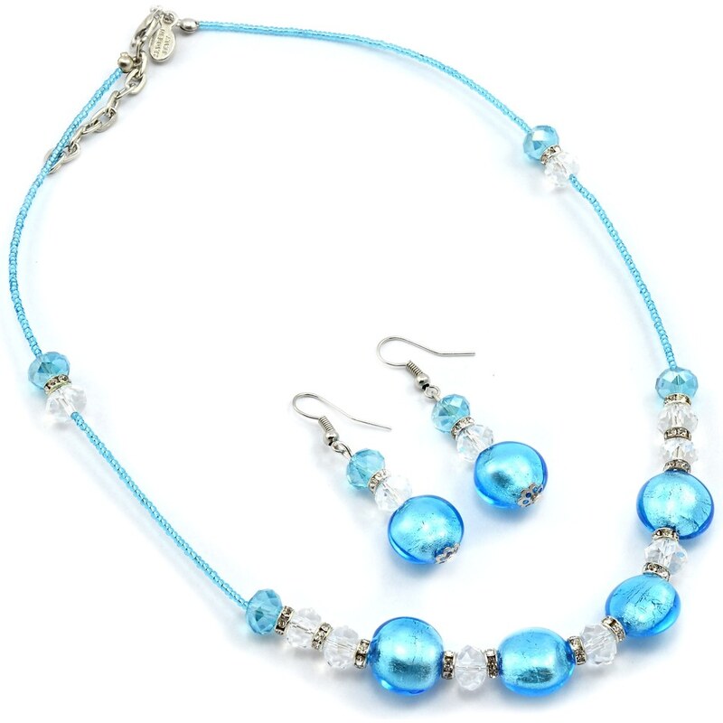 Sada náhrdelník, náušnice skleněné korále - světle modrá, střírná - Murano
