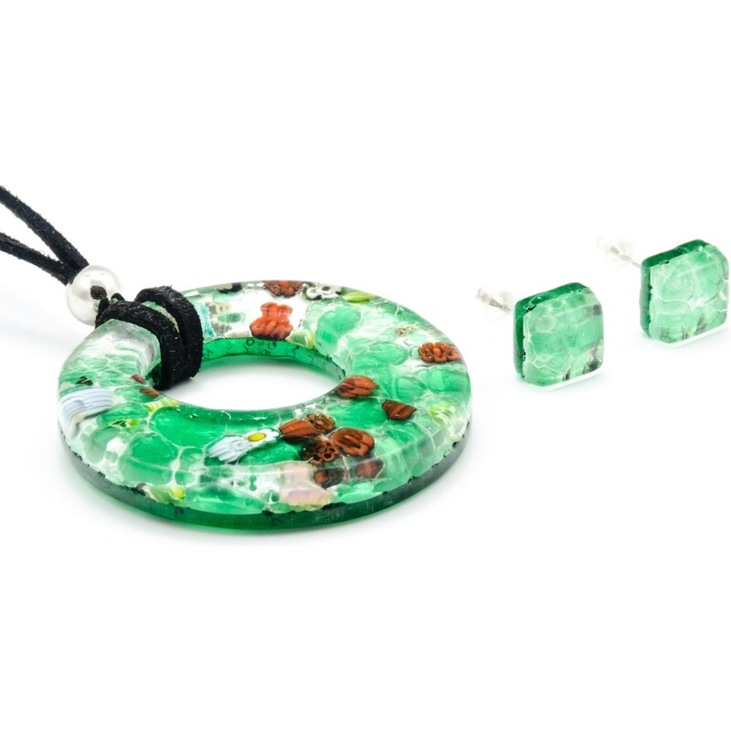 Murano Sada náhrdelník a náušnice - skleněný šperk - stříbrná, zelená- Paola