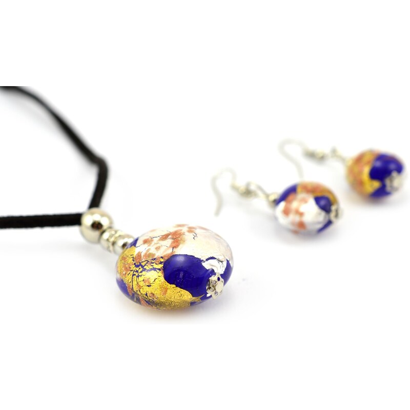 Murano Sada náhrdelník a náušnice - skleněná perla - modrá, zlatá, stříbrná