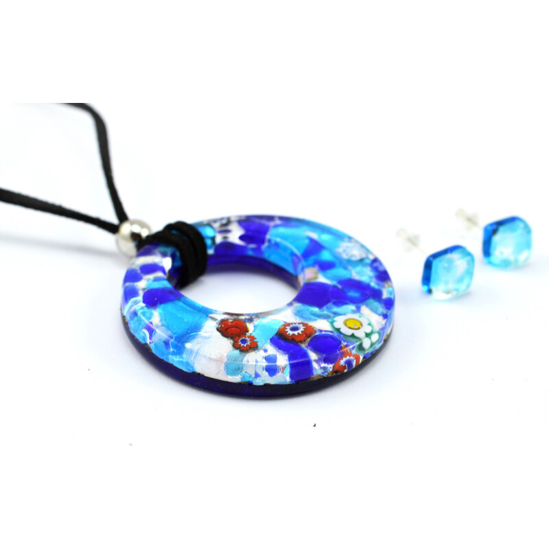 Murano Sada přívěsek a náušnice - skleněný šperk - piastra modrá grande
