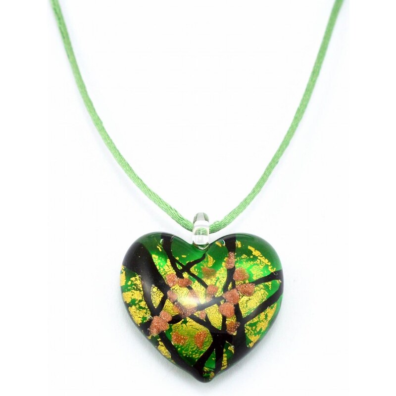 Murano Náhrdelník skleněné srdce - kombinace barev - zelená, černá, zlatá - Passione