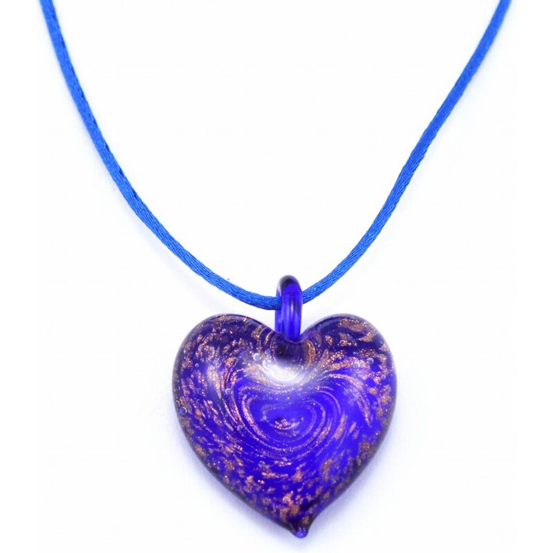 Murano Náhrdelník skleněné srdce - kombinace barev - tmavě modrá, zlatá - Passione
