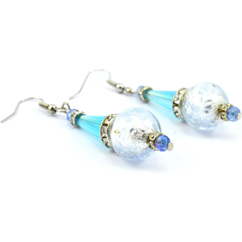 Murano Náušnice skleněná perla s krystaly - azurová