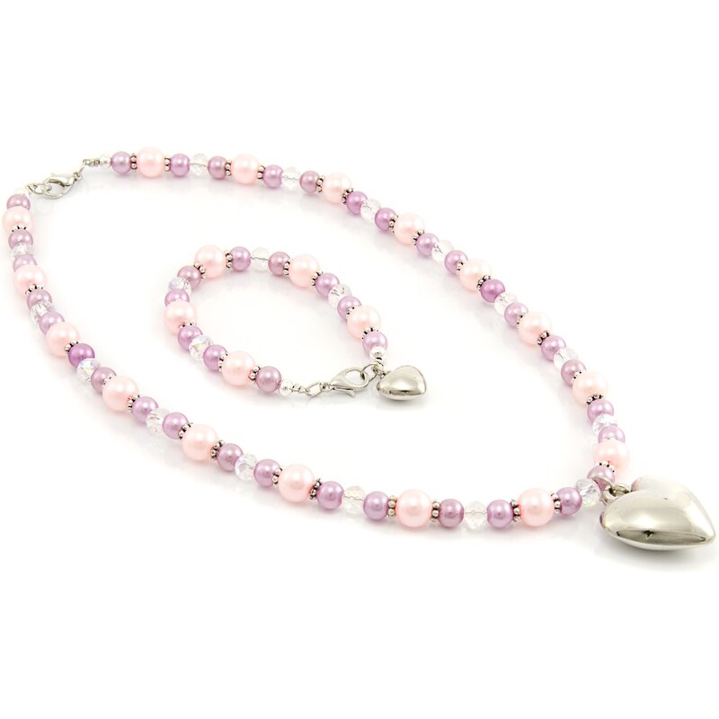 JewelsHall Dětská sada náhrdelník + náramek - srdce - fialová