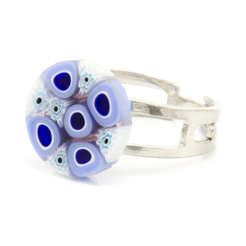 Murano Prsten skleněný - modrá, bílá - Millefiori
