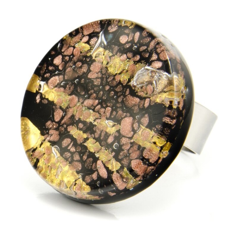 Murano Prsten skleněný kulatý - černá, zlatá, měděná - Elisa