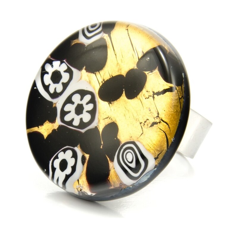 Murano Prsten skleněný kulatý - černá, zlatá, bílá - Elisa