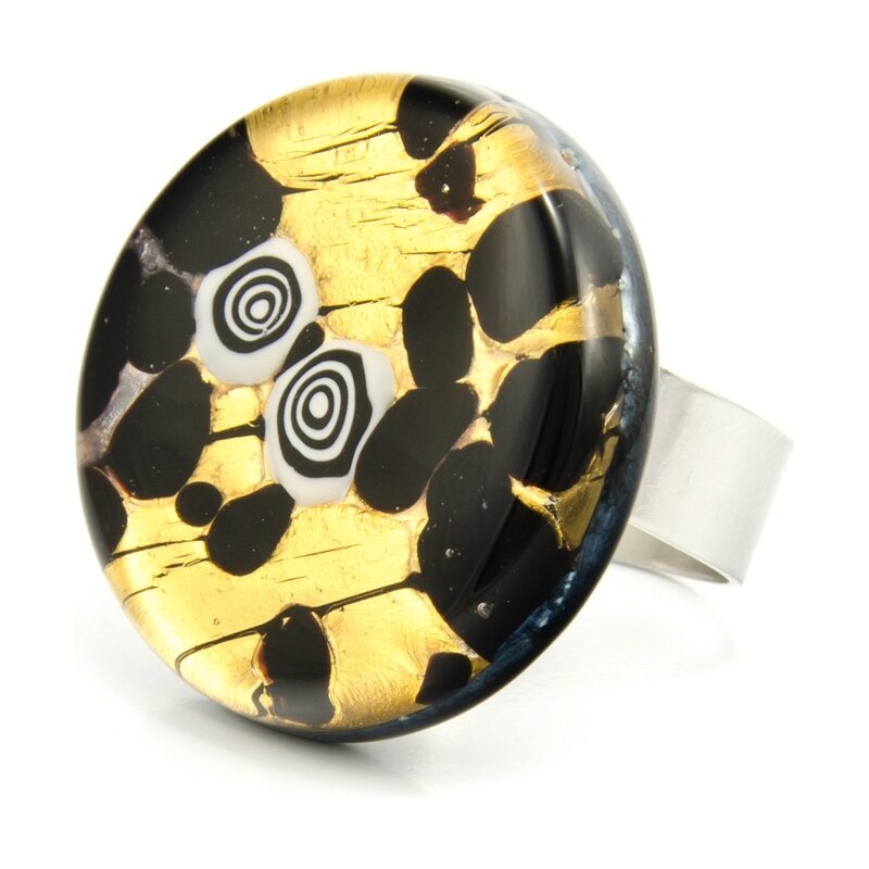 Murano Prsten skleněný kulatý - černá, zlatá - Elisa
