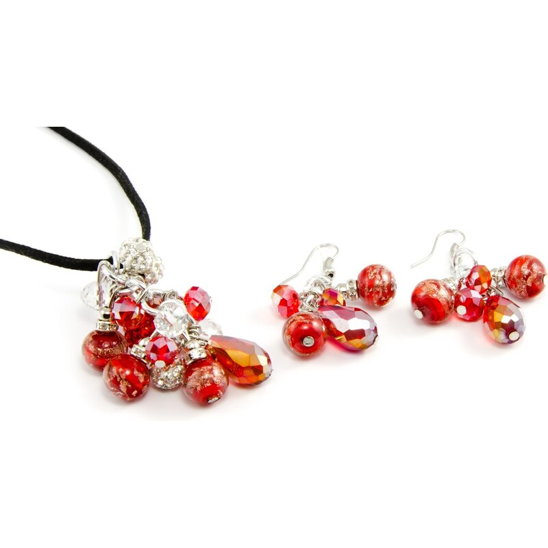 Murano Sada náhrdelník, náušnice skleněné korálky - červená - Grappolo