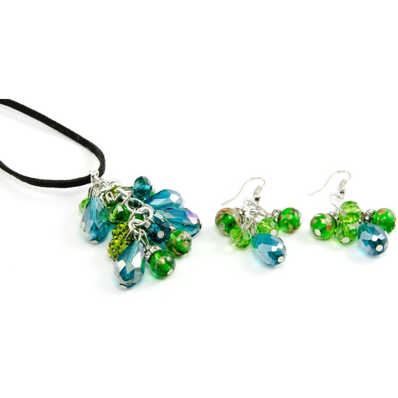 Murano Sada náhrdelník, náušnice skleněné korálky - zelená - Grappolo
