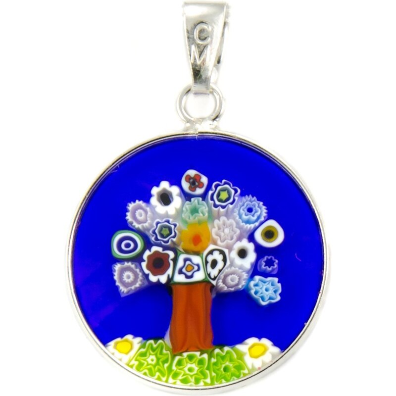 Murano Přívěsek skleněný - stříbro 925 - modrá - obrázek stromu - Millefiori 18