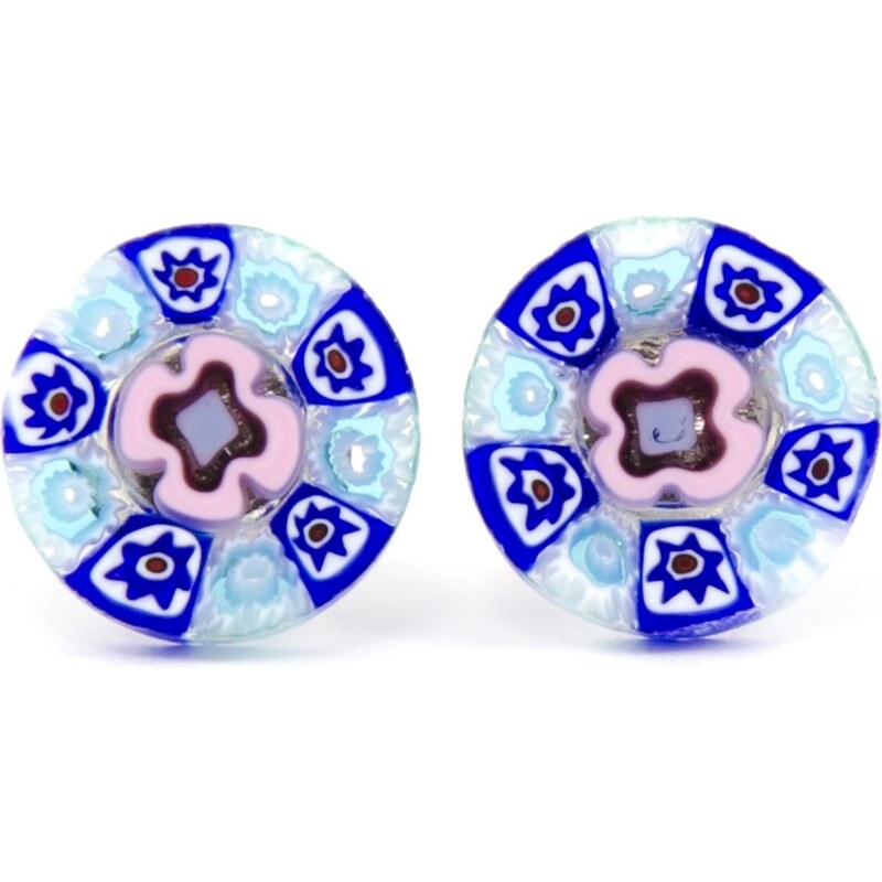 Murano Náušnice skleněné modrá, růžová, bílá - stříbro 925 - Millefiori - 10